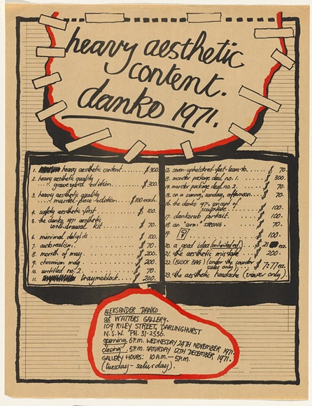 Artist: b'UNKNOWN' | Title: b'Heavy aesthetic content, Danko' | Date: 1971 | Technique: b'screenprint, printed in colour, from two stencils' Artist: b'UNKNOWN' | Title: b'Heavy aesthetic content, Danko' | Date: 1971 | Technique: b'screenprint, printed in colour, from two stencils'