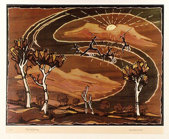 Artist: b'Mansell, Byram.' | Title: b'The billabong' | Date: c.1946 | Technique: b'photographic lithograph, printed in colour, from process plates' Artist: b'Mansell, Byram.' | Title: b'The billabong' | Date: c.1946 | Technique: b'photographic lithograph, printed in colour, from process plates'