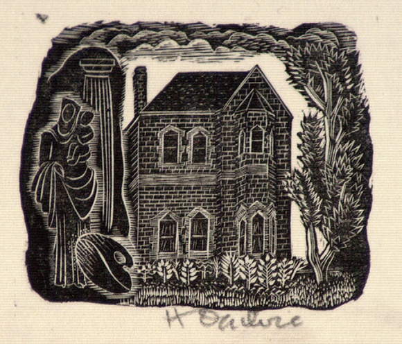 Artist: b'OGILVIE, Helen' | Title: b(Two storeyed University residence, classical column, Madonna & child and artist's palette) | Date: 1953 | Technique: b'wood-engraving, printed in black ink, from one block' Artist: b'OGILVIE, Helen' | Title: b(Two storeyed University residence, classical column, Madonna & child and artist's palette) | Date: 1953 | Technique: b'wood-engraving, printed in black ink, from one block'