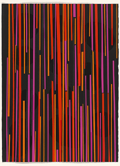 Title: b'not titled [vertical lines in red, orange and pink over black irregular circles]' | Date: 2007 | Technique: b'screenprint, printed in colour, from multiple stencils'