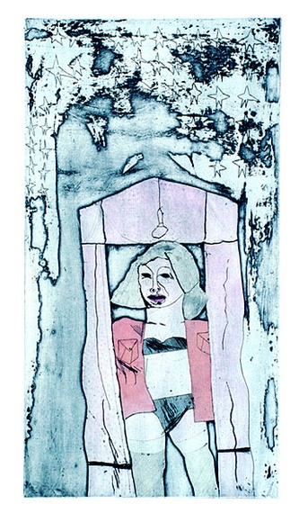 Artist: b'HANRAHAN, Barbara' | Title: b'Tart and stars' | Date: 1964 | Technique: b'etching, printed from two plates, hand-coloured' Artist: b'HANRAHAN, Barbara' | Title: b'Tart and stars' | Date: 1964 | Technique: b'etching, printed from two plates, hand-coloured'