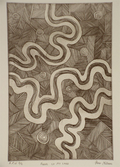 Artist: b'Williams, Kevin.' | Title: b'Rivers of my land' | Date: 1999, April | Technique: b'etching, printed in black ink, from one plate' Artist: b'Williams, Kevin.' | Title: b'Rivers of my land' | Date: 1999, April | Technique: b'etching, printed in black ink, from one plate'