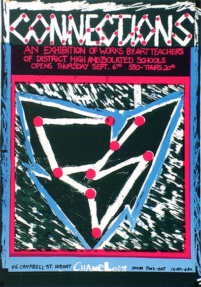 Artist: b'Keeling, David.' | Title: b'Connections, an exhibition of works by art teachers. Chameleon, Hobart' | Date: 1984 | Technique: b'screenprint, printed in colour, from four stencils' | Copyright: b'This work appears on screen courtesy of the artist and copyright holder' Artist: b'Keeling, David.' | Title: b'Connections, an exhibition of works by art teachers. Chameleon, Hobart' | Date: 1984 | Technique: b'screenprint, printed in colour, from four stencils' | Copyright: b'This work appears on screen courtesy of the artist and copyright holder'