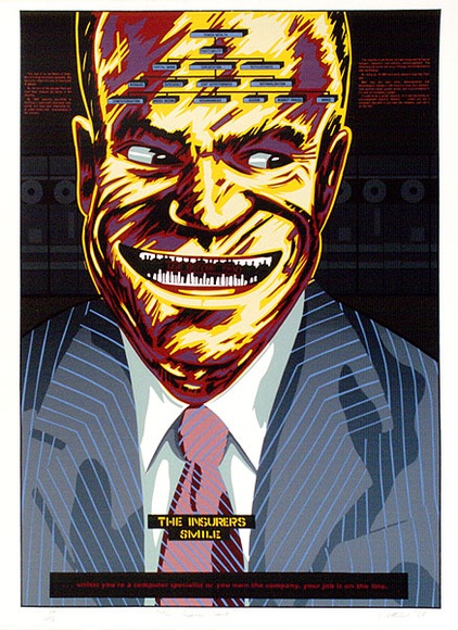 Artist: b'Clutterbuck, Bob.' | Title: bThe insurer's smile. | Date: 1984 | Technique: b'screenprint, printed in colour, from multiple stencils' Artist: b'Clutterbuck, Bob.' | Title: bThe insurer's smile. | Date: 1984 | Technique: b'screenprint, printed in colour, from multiple stencils'