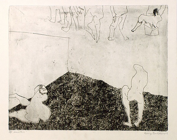 Artist: b'BALDESSIN, George' | Title: b'Urinators.' | Date: 1963 | Technique: b'etching and foul biting, printed in black ink, from one plate' Artist: b'BALDESSIN, George' | Title: b'Urinators.' | Date: 1963 | Technique: b'etching and foul biting, printed in black ink, from one plate'