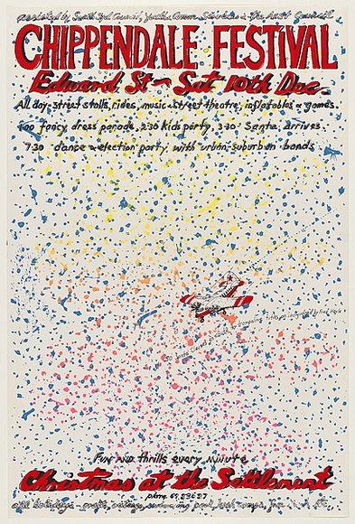 Artist: b'WORSTEAD, Paul' | Title: b'Chippendale Festival Christmas at the Settlement' | Date: 1977 | Technique: b'screenprint, printed in colour, from four stencils' | Copyright: b'This work appears on screen courtesy of the artist' Artist: b'WORSTEAD, Paul' | Title: b'Chippendale Festival Christmas at the Settlement' | Date: 1977 | Technique: b'screenprint, printed in colour, from four stencils' | Copyright: b'This work appears on screen courtesy of the artist'