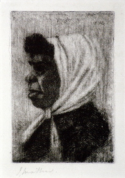 Artist: b'Mather, John.' | Title: b'Aboriginal woman' | Date: 1895 | Technique: b'etching, printed in black ink, from one plate' Artist: b'Mather, John.' | Title: b'Aboriginal woman' | Date: 1895 | Technique: b'etching, printed in black ink, from one plate'