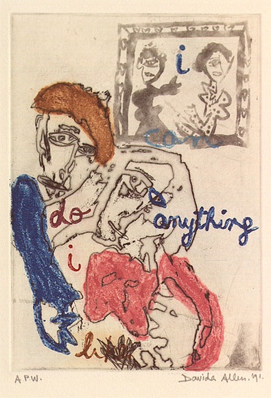 Artist: b'Allen, Davida' | Title: b(The housewifes lament no. 2) I can do anything I like. You don't own me | Date: 1991, July - September | Technique: b'etching, aquatint and open bite, printed in black ink, from one plate; hand coloured' Artist: b'Allen, Davida' | Title: b(The housewifes lament no. 2) I can do anything I like. You don't own me | Date: 1991, July - September | Technique: b'etching, aquatint and open bite, printed in black ink, from one plate; hand coloured'