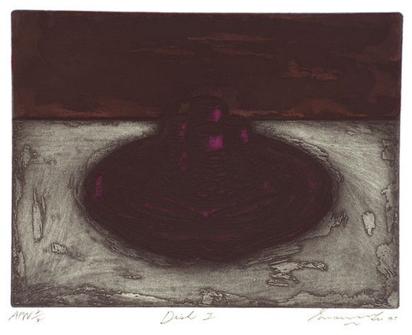 Artist: b'Lee, Graeme.' | Title: b'Dish I' | Date: 1995, September | Technique: b'etching, printed in black ink, from one plate; hand-coloured' Artist: b'Lee, Graeme.' | Title: b'Dish I' | Date: 1995, September | Technique: b'etching, printed in black ink, from one plate; hand-coloured'