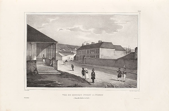Artist: b'Sainson, Louis de.' | Title: bVue de Georges's street a Sydney (Nouvelle Galles du Sud.). View of George Street, Sydney. | Date: 1833 | Technique: b'lithograph, printed in black ink, from one stone' Artist: b'Sainson, Louis de.' | Title: bVue de Georges's street a Sydney (Nouvelle Galles du Sud.). View of George Street, Sydney. | Date: 1833 | Technique: b'lithograph, printed in black ink, from one stone'