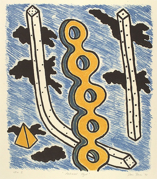 Artist: b'Bowen, Dean.' | Title: b'Mechanical object' | Date: 1988 | Technique: b'lithograph, printed in blue yellow and black ink, from three stones' Artist: b'Bowen, Dean.' | Title: b'Mechanical object' | Date: 1988 | Technique: b'lithograph, printed in blue yellow and black ink, from three stones'