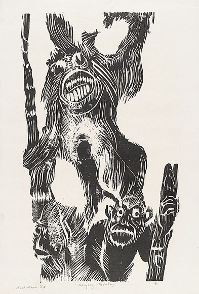 Artist: b'MEYER, Bill' | Title: b'Hanging monkey' | Date: 1968 | Technique: b'woodcut, printed in black ink, from one block' | Copyright: b'\xc2\xa9 Bill Meyer' Artist: b'MEYER, Bill' | Title: b'Hanging monkey' | Date: 1968 | Technique: b'woodcut, printed in black ink, from one block' | Copyright: b'\xc2\xa9 Bill Meyer'
