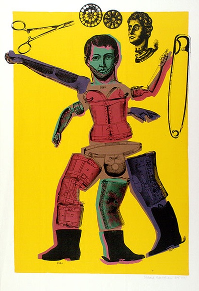 Artist: b'HANRAHAN, Barbara' | Title: b'Figure with safety pin' | Date: 1967 | Technique: b'screenprint, printed in colour, from six stencils' Artist: b'HANRAHAN, Barbara' | Title: b'Figure with safety pin' | Date: 1967 | Technique: b'screenprint, printed in colour, from six stencils'
