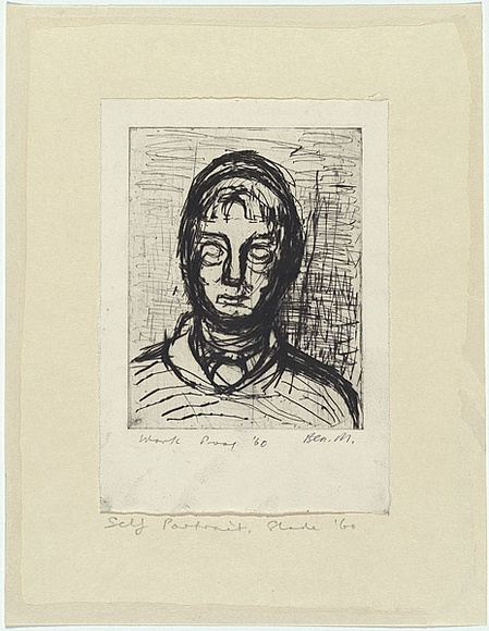 Artist: b'MADDOCK, Bea' | Title: b'Self-portrait, Slade' | Date: 1960 | Technique: b'drypoint, printed in black ink, from one plate' Artist: b'MADDOCK, Bea' | Title: b'Self-portrait, Slade' | Date: 1960 | Technique: b'drypoint, printed in black ink, from one plate'