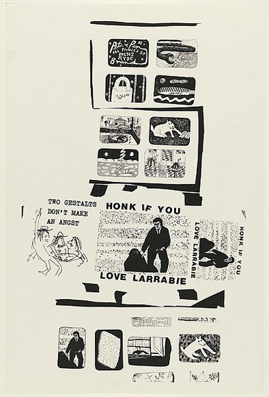 Artist: b'WORSTEAD, Paul' | Title: b'Honk if you love Larrabie' | Date: 1980 | Technique: b'screenprint, printed in black ink, from one stencil' | Copyright: b'This work appears on screen courtesy of the artist' Artist: b'WORSTEAD, Paul' | Title: b'Honk if you love Larrabie' | Date: 1980 | Technique: b'screenprint, printed in black ink, from one stencil' | Copyright: b'This work appears on screen courtesy of the artist'