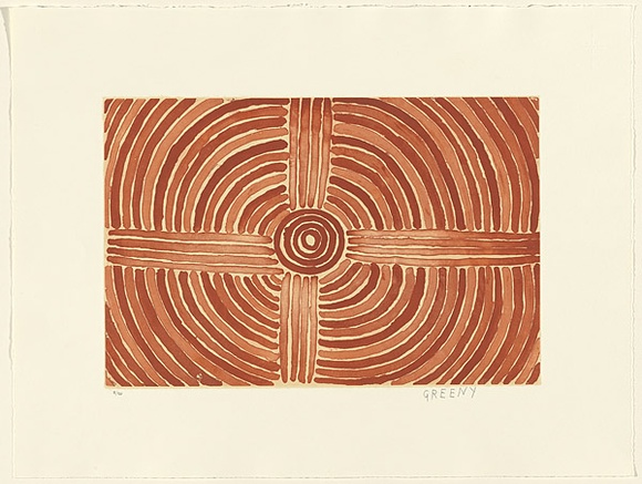 Artist: b'Petyarre, Greeny Purvis.' | Title: b'not titled' | Date: 2001 | Technique: b'etching, printed in ochre ink, from one plate' Artist: b'Petyarre, Greeny Purvis.' | Title: b'not titled' | Date: 2001 | Technique: b'etching, printed in ochre ink, from one plate'
