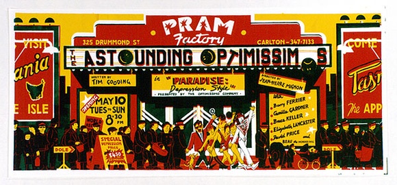 Artist: b'Matthiesen Fine Art Ltd.' | Title: b'Pram Factory... Carlton. The Astounding optimissimos' | Date: 1979 | Technique: b'screenprint, printed in colour, from multiple stencils' Artist: b'Matthiesen Fine Art Ltd.' | Title: b'Pram Factory... Carlton. The Astounding optimissimos' | Date: 1979 | Technique: b'screenprint, printed in colour, from multiple stencils'