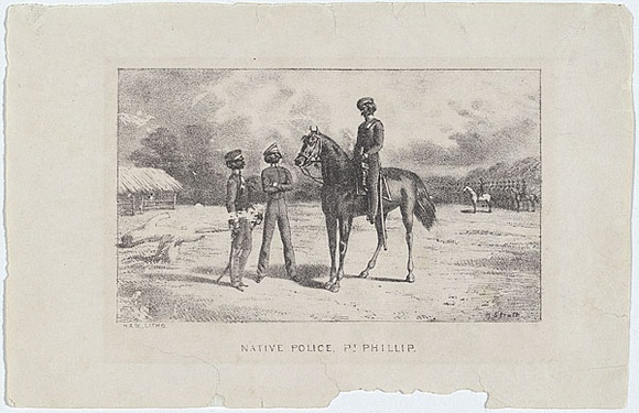 Artist: b'STRUTT, William' | Title: b'Native Police, Pt. Phillip' | Date: 1851 | Technique: b'chalk-lithograph, printed in black ink, from one stone' Artist: b'STRUTT, William' | Title: b'Native Police, Pt. Phillip' | Date: 1851 | Technique: b'chalk-lithograph, printed in black ink, from one stone'