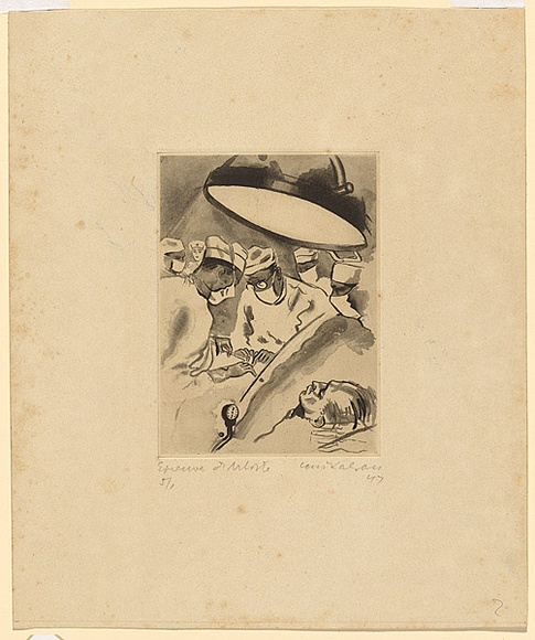 Artist: Kahan, Louis. | Title: (Operation in theatre) | Date: 1947 | Technique: aquatint, printed in black ink with plate-tone, from one  plate with brush and ink | Copyright: © Louis Kahan. Licensed by VISCOPY, Australia