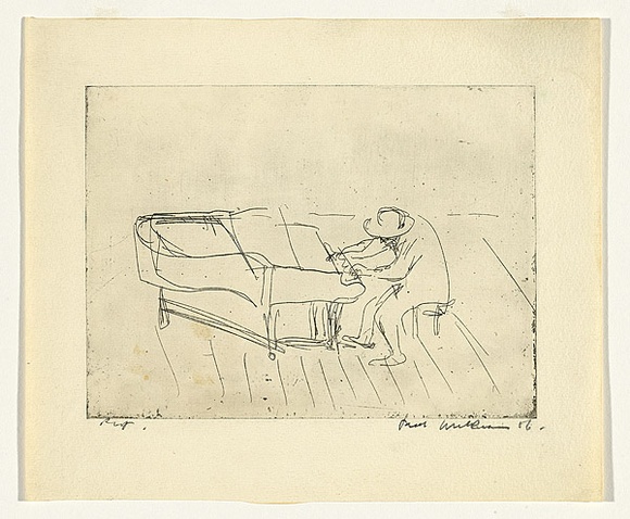 Artist: b'WILLIAMS, Fred' | Title: b'Mad pianist' | Date: 1955-56 | Technique: b'etching and engraving, printed in black ink, from one copper plate' | Copyright: b'\xc2\xa9 Fred Williams Estate' Artist: b'WILLIAMS, Fred' | Title: b'Mad pianist' | Date: 1955-56 | Technique: b'etching and engraving, printed in black ink, from one copper plate' | Copyright: b'\xc2\xa9 Fred Williams Estate'