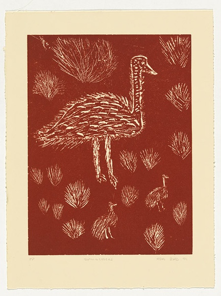 Artist: b'Bird Petyarre, Ada.' | Title: b'Emu and chicks' | Date: 1991 | Technique: b'linocut, printed in red ink, from one block' | Copyright: b'\xc2\xa9 Ada Bird Petyarr. Licensed by VISCOPY, Australia' Artist: b'Bird Petyarre, Ada.' | Title: b'Emu and chicks' | Date: 1991 | Technique: b'linocut, printed in red ink, from one block' | Copyright: b'\xc2\xa9 Ada Bird Petyarr. Licensed by VISCOPY, Australia'