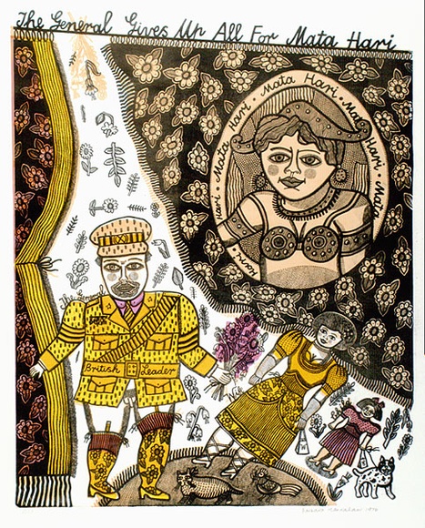 Artist: b'HANRAHAN, Barbara' | Title: b'The General gives up all for Mata Hari' | Date: 1976 | Technique: b'linocut, printed in colour, from four stencils' Artist: b'HANRAHAN, Barbara' | Title: b'The General gives up all for Mata Hari' | Date: 1976 | Technique: b'linocut, printed in colour, from four stencils'