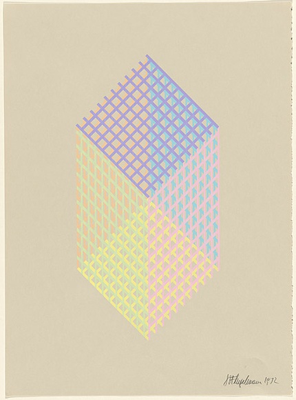 Artist: b'Flugelman, Bert.' | Title: b'(Cube in mesh).' | Date: 1972 | Technique: b'screenprint, printed in colour, from six stencils' | Copyright: b'\xc2\xa9 Bert Flugelman' Artist: b'Flugelman, Bert.' | Title: b'(Cube in mesh).' | Date: 1972 | Technique: b'screenprint, printed in colour, from six stencils' | Copyright: b'\xc2\xa9 Bert Flugelman'