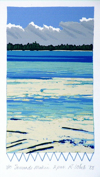 Artist: b'White, Robin.' | Title: b'Towards Makin 2 pm' | Date: 1988 | Technique: b'screenprint, printed in colour, from multiple stencils' Artist: b'White, Robin.' | Title: b'Towards Makin 2 pm' | Date: 1988 | Technique: b'screenprint, printed in colour, from multiple stencils'