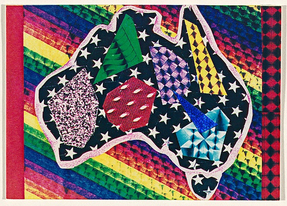 Artist: b'McDiarmid, David.' | Title: b'Postcard (Australia on a rainbow background)' | Date: 1985 | Technique: b'screenprint, printed in colour, from multiple stencils; collage' | Copyright: b'Courtesy of copyright owner, Merlene Gibson (sister)' Artist: b'McDiarmid, David.' | Title: b'Postcard (Australia on a rainbow background)' | Date: 1985 | Technique: b'screenprint, printed in colour, from multiple stencils; collage' | Copyright: b'Courtesy of copyright owner, Merlene Gibson (sister)'
