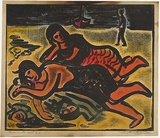 Artist: Armstrong, Ian. | Title: Girls on the sand. | Date: c.1956 | Technique: relief-etching, printed in colour, from one plate