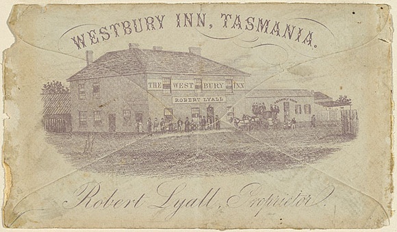 Artist: b'UNKNOWN ENGRAVER,' | Title: b'Advertisement: Westbury Inn, Tasmania. Robert Lyall, proprietor.' | Date: c.1845 | Technique: b'engraving, printed in purple ink, from one copper plate' Artist: b'UNKNOWN ENGRAVER,' | Title: b'Advertisement: Westbury Inn, Tasmania. Robert Lyall, proprietor.' | Date: c.1845 | Technique: b'engraving, printed in purple ink, from one copper plate'