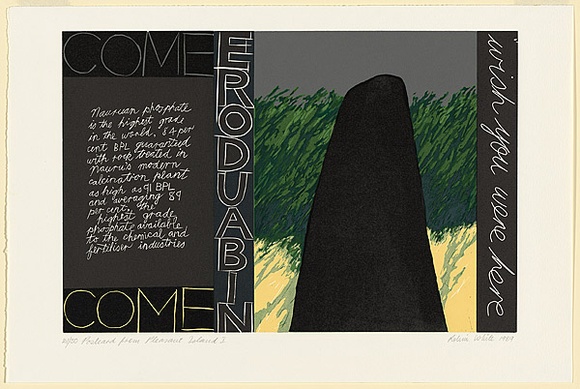 Artist: b'White, Robin.' | Title: b'Postcard from Pleasant Island I' | Date: 1989 | Technique: b'linocut, printed in colour, from mutliple blocks' Artist: b'White, Robin.' | Title: b'Postcard from Pleasant Island I' | Date: 1989 | Technique: b'linocut, printed in colour, from mutliple blocks'