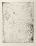 Artist: BOYD, Arthur | Title: Bert Hinkler; his wife and lion and letter. | Date: (1968-69) | Technique: etching, printed in black ink, from one plate | Copyright: Reproduced with permission of Bundanon Trust