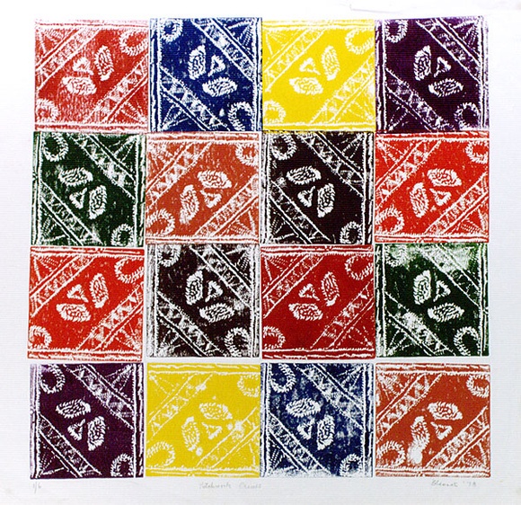 Artist: b'Shearer, Mitzi.' | Title: b'Patchwork quilt' | Date: 1978 | Technique: b'linocut, printed in colour from, one block (printed 16 times)' Artist: b'Shearer, Mitzi.' | Title: b'Patchwork quilt' | Date: 1978 | Technique: b'linocut, printed in colour from, one block (printed 16 times)'