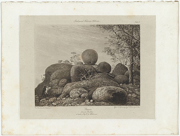 Artist: b'Blandowski, William.' | Title: b'Yauan. Granite boulders 45 miles N by W of Melbourne.' | Date: 1855-56 | Technique: b'etching, engraving and lavis, printed in black ink, from one copper plate' Artist: b'Blandowski, William.' | Title: b'Yauan. Granite boulders 45 miles N by W of Melbourne.' | Date: 1855-56 | Technique: b'etching, engraving and lavis, printed in black ink, from one copper plate'