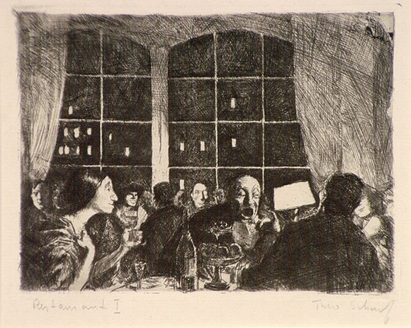 Artist: b'Scharf, Theo.' | Title: b'Restaurant I' | Date: c.1922 | Technique: b'etching, printed in black ink, from one plate' | Copyright: b'\xc2\xa9 The Estate of Theo Scharf.' Artist: b'Scharf, Theo.' | Title: b'Restaurant I' | Date: c.1922 | Technique: b'etching, printed in black ink, from one plate' | Copyright: b'\xc2\xa9 The Estate of Theo Scharf.'