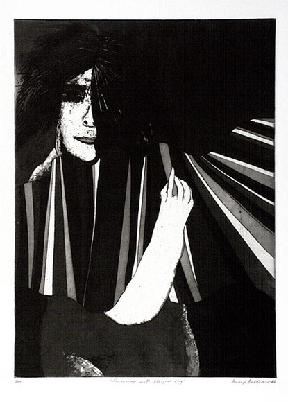 Artist: b'BALDESSIN, George' | Title: b'Personage with striped rug.' | Date: 1966 | Technique: b'etching and aquatint, printed in black ink, from one plate' Artist: b'BALDESSIN, George' | Title: b'Personage with striped rug.' | Date: 1966 | Technique: b'etching and aquatint, printed in black ink, from one plate'