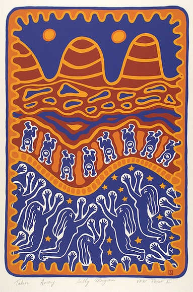 Artist: b'Morgan, Sally.' | Title: b'Taken away' | Date: 1987, December | Technique: b'screenprint, printed in colour, from four stencils' Artist: b'Morgan, Sally.' | Title: b'Taken away' | Date: 1987, December | Technique: b'screenprint, printed in colour, from four stencils'