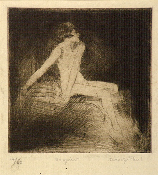 Artist: b'Paul, Dorothy Ellsmore.' | Title: b'(Seated female nude model)' | Date: c.1930 | Technique: b'etching, drypoint and aquatint, printed in black ink, from one plate' Artist: b'Paul, Dorothy Ellsmore.' | Title: b'(Seated female nude model)' | Date: c.1930 | Technique: b'etching, drypoint and aquatint, printed in black ink, from one plate'