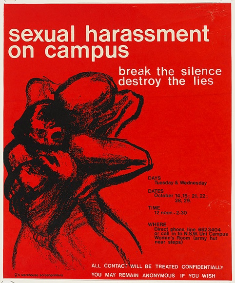 Artist: bWomen's Warehouse Screenprinters. | Title: b'Sexual harassment on campus' | Date: 1980 | Technique: b'screenprint, printed in colour, from two stencils' Artist: bWomen's Warehouse Screenprinters. | Title: b'Sexual harassment on campus' | Date: 1980 | Technique: b'screenprint, printed in colour, from two stencils'