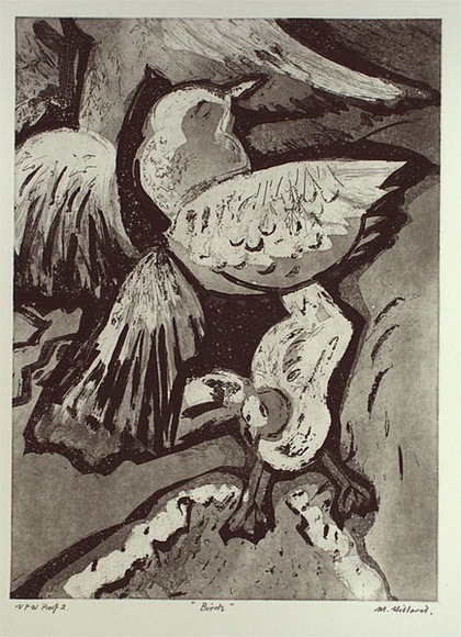 Artist: b'Hillard, Merris.' | Title: b'Birds' | Date: c.1986 | Technique: b'aquatint, printed in black ink, from one plate' Artist: b'Hillard, Merris.' | Title: b'Birds' | Date: c.1986 | Technique: b'aquatint, printed in black ink, from one plate'