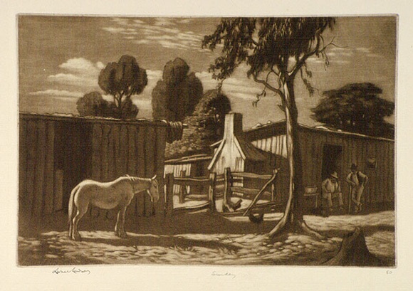 Artist: b'LINDSAY, Lionel' | Title: b'Sunday' | Date: 1950s | Technique: b'mezzotint and etching, printed in brown ink, from one plate' | Copyright: b'Courtesy of the National Library of Australia' Artist: b'LINDSAY, Lionel' | Title: b'Sunday' | Date: 1950s | Technique: b'mezzotint and etching, printed in brown ink, from one plate' | Copyright: b'Courtesy of the National Library of Australia'