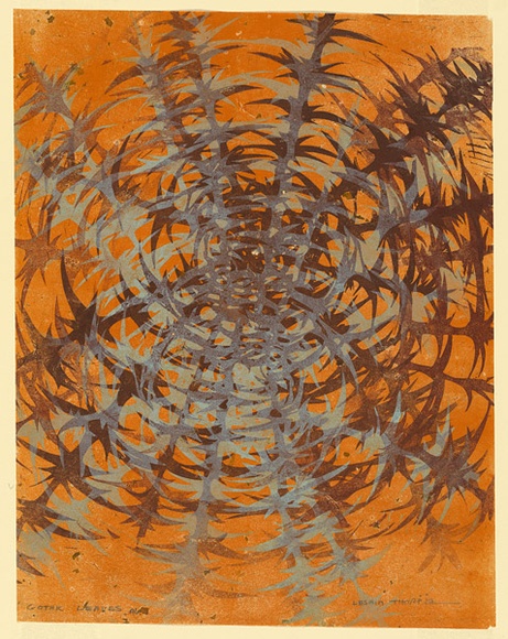 Artist: b'Thorpe, Lesbia.' | Title: b'Gothic leaves.' | Date: 1960 | Technique: b'linocut, printed in colour, from four blocks' Artist: b'Thorpe, Lesbia.' | Title: b'Gothic leaves.' | Date: 1960 | Technique: b'linocut, printed in colour, from four blocks'