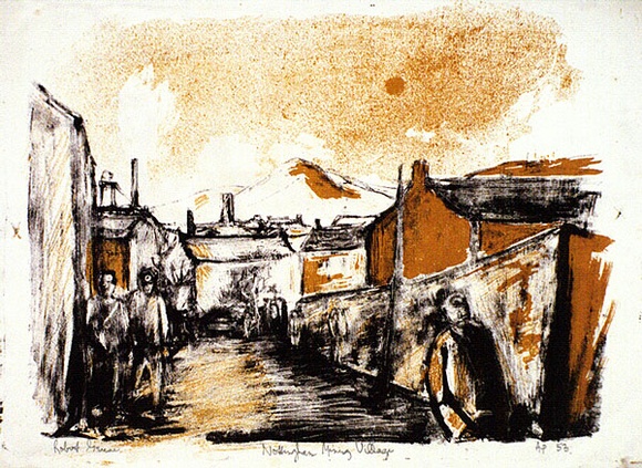 Artist: b'Grieve, Robert.' | Title: b'Nottingham Mining Village' | Date: 1953 | Technique: b'lithograph, printed in colour, from one stone and one zinc plate' Artist: b'Grieve, Robert.' | Title: b'Nottingham Mining Village' | Date: 1953 | Technique: b'lithograph, printed in colour, from one stone and one zinc plate'