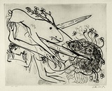 Artist: BOYD, Arthur | Title: Dog with crutches and falling figure. | Date: (1968-69) | Technique: etching, printed in black ink, from one plate | Copyright: Reproduced with permission of Bundanon Trust