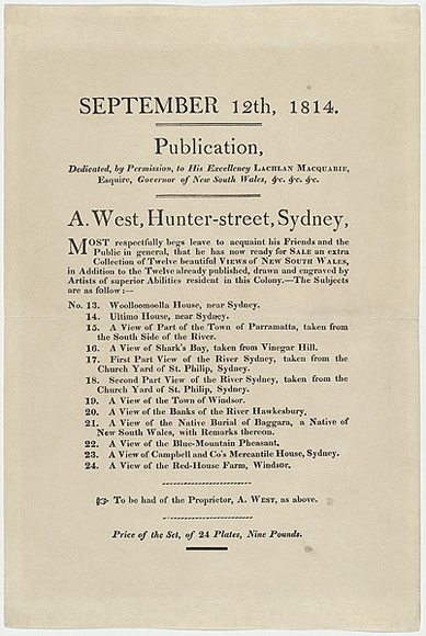 Title: b'Broadside for Views in New South Wales Nos 13-24.' | Date: 1814 | Technique: b'letterpress, printed in black ink' Title: b'Broadside for Views in New South Wales Nos 13-24.' | Date: 1814 | Technique: b'letterpress, printed in black ink'