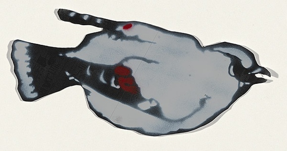 Title: b'BYRD sticker' | Date: 2009 | Technique: b'stencil, printed in colour aerosol paint, from three stencils'