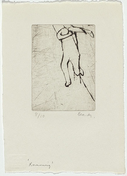Artist: b'MADDOCK, Bea' | Title: b'Running' | Date: 1966 | Technique: b'drypoint, printed in black ink with plate-tone, from one copper plate' Artist: b'MADDOCK, Bea' | Title: b'Running' | Date: 1966 | Technique: b'drypoint, printed in black ink with plate-tone, from one copper plate'