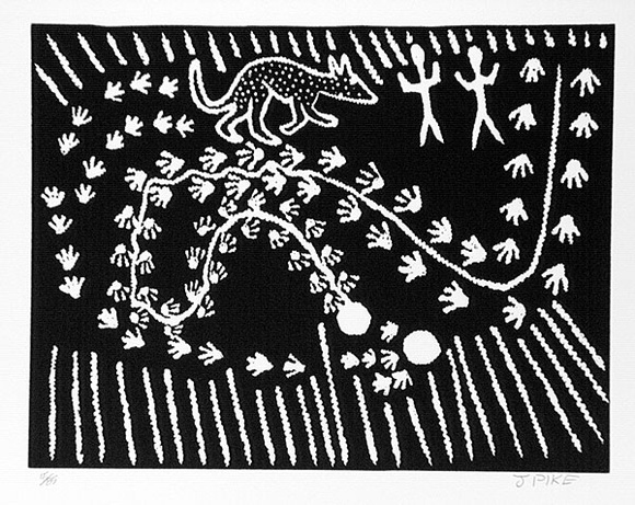 Artist: b'Pike, Jimmy.' | Title: b'Milkarra Waakula' | Date: 1985 | Technique: b'screenprint, printed in black ink, from one stencil' Artist: b'Pike, Jimmy.' | Title: b'Milkarra Waakula' | Date: 1985 | Technique: b'screenprint, printed in black ink, from one stencil'