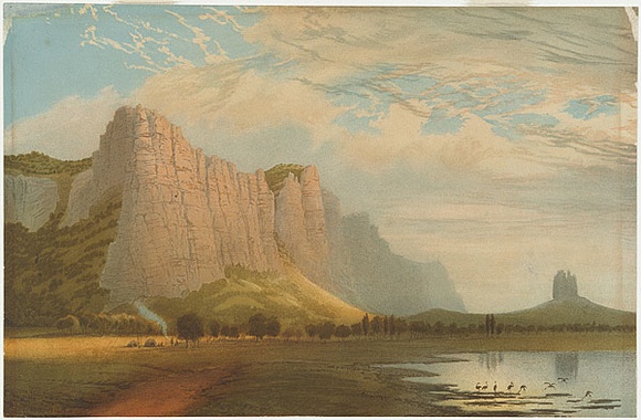 Artist: b'Chevalier, Nicholas.' | Title: b'Mount Arapiles - sunset.' | Date: 1865 | Technique: b'lithograph, printed in colour, from multiple stones' Artist: b'Chevalier, Nicholas.' | Title: b'Mount Arapiles - sunset.' | Date: 1865 | Technique: b'lithograph, printed in colour, from multiple stones'
